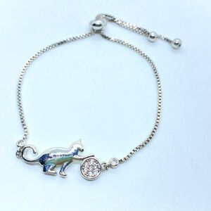 Cat Slider Bracelet Silver Tone Stainless Steel Cat with Rhinestone Yarn Ball